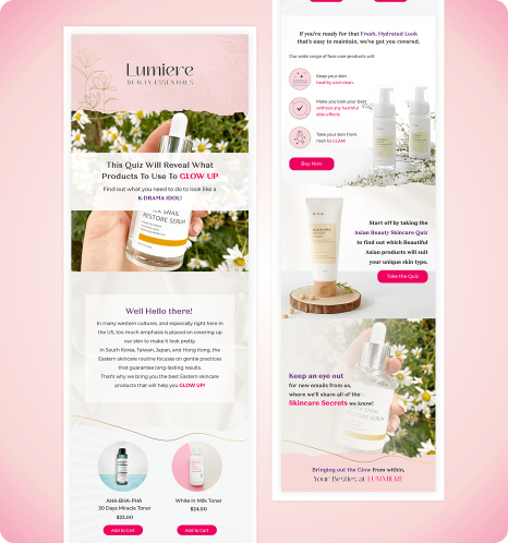 A skincare brand campaign guiding customers through a glow-up quiz to discover personalized product matches. The design focused on engagement, clarity, and driving participation for conversions.